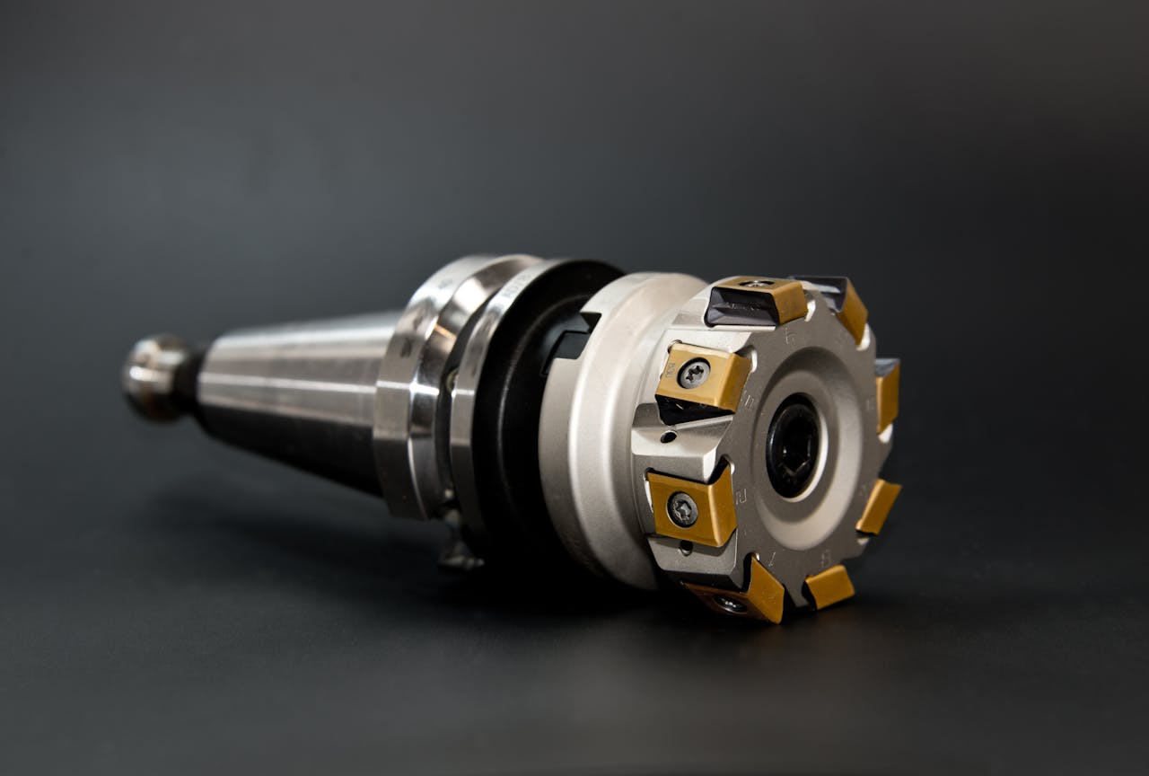 Close-up of a high precision CNC milling tool used for metalworking in industrial settings.